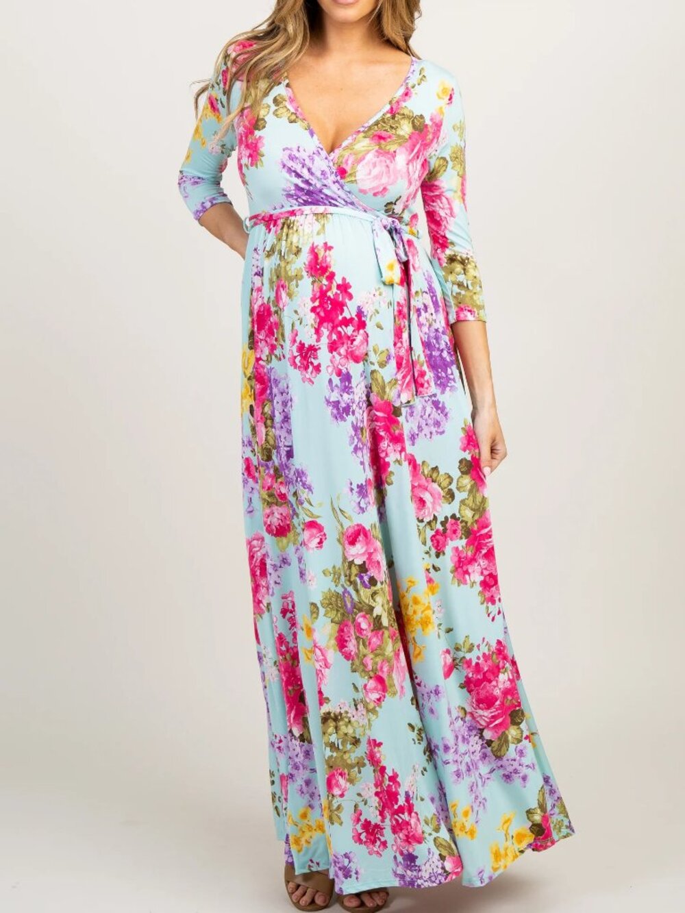 PinkBlush Mint Floral Sash Tie Maternity/Nursing Dress